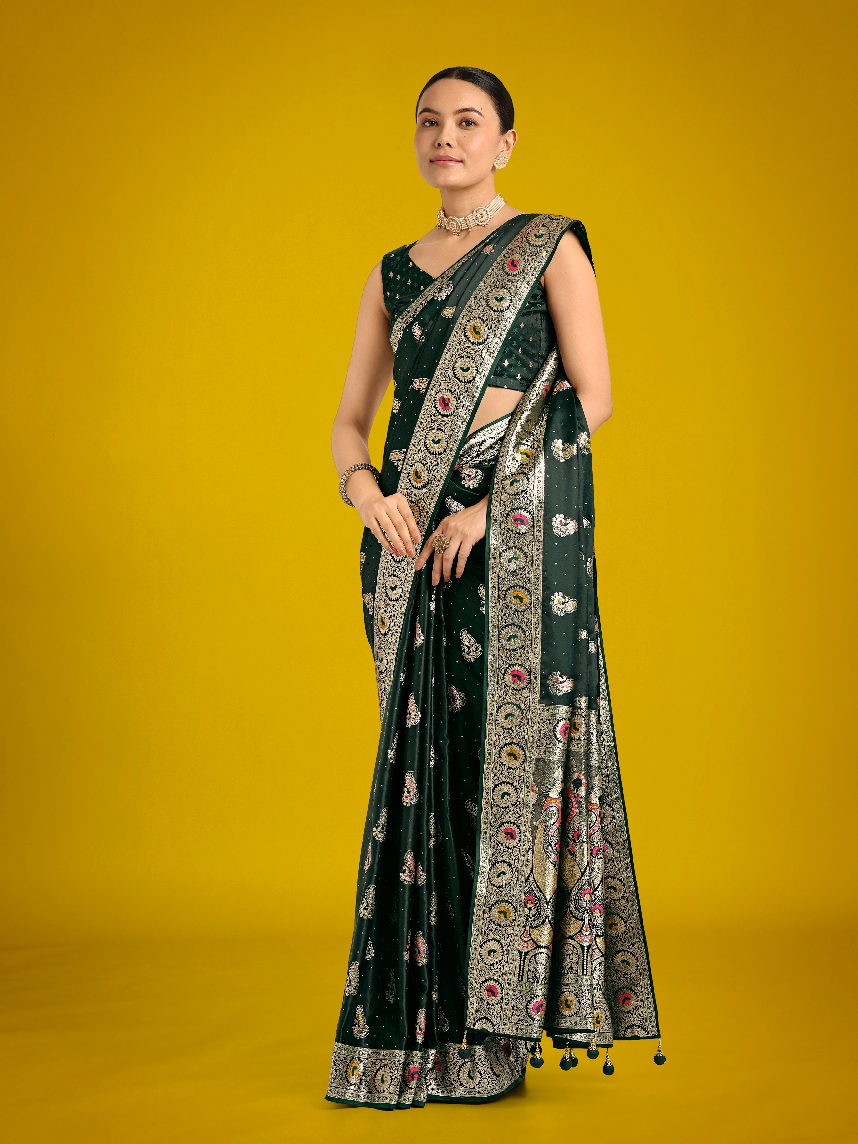 Dark Green Festival Wear Banarasi Satin Silk Zari Saree