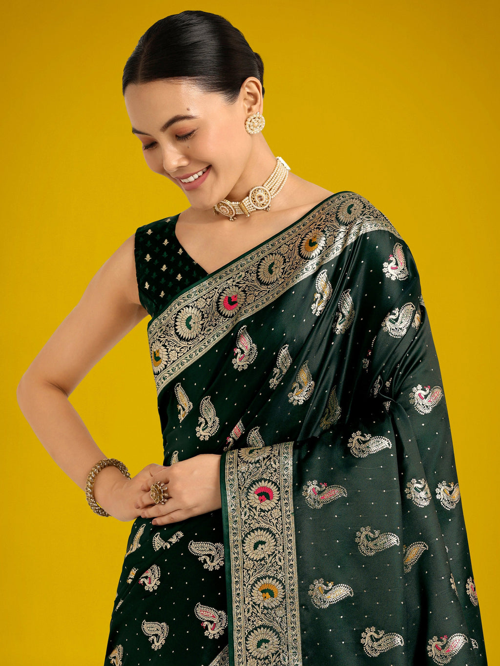 Dark Green Festival Wear Banarasi Satin Silk Zari Saree