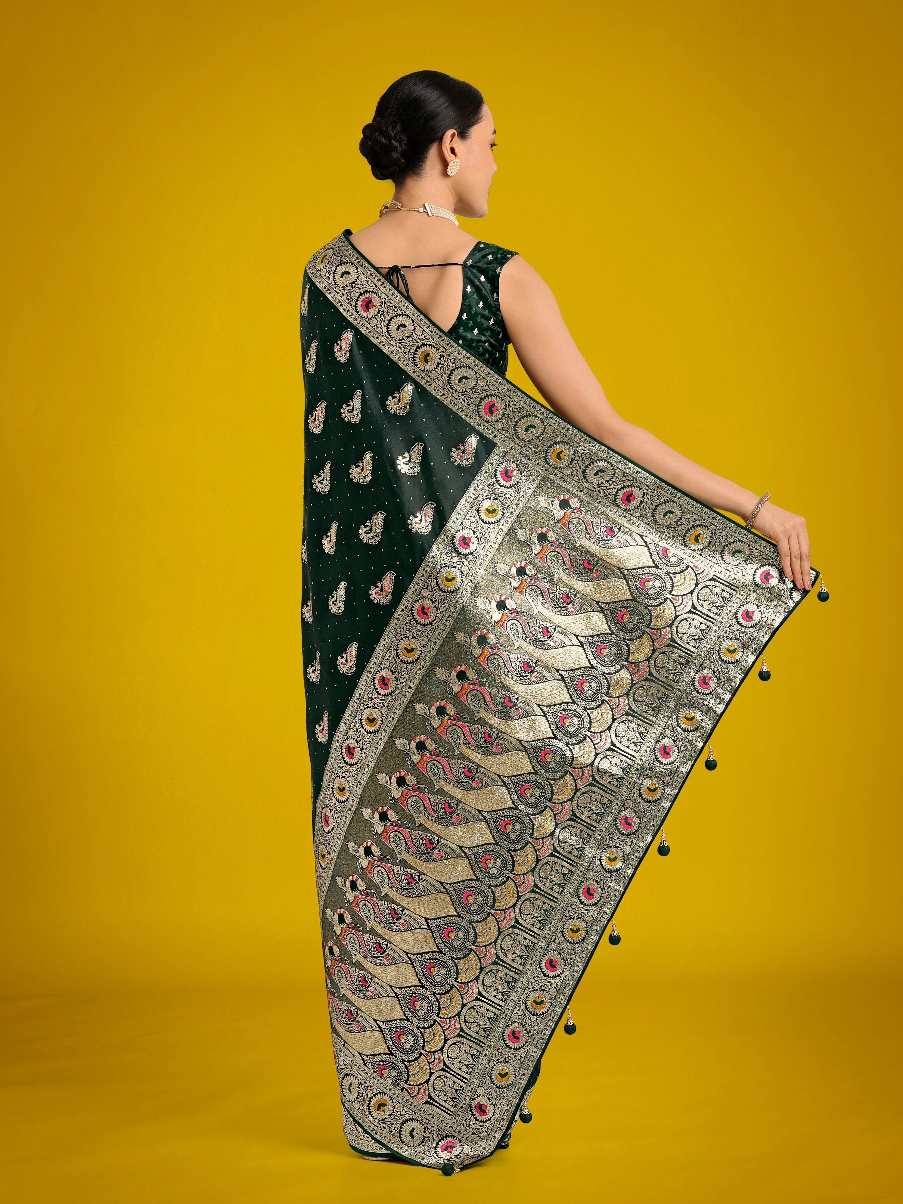 Dark Green Festival Wear Banarasi Satin Silk Zari Saree