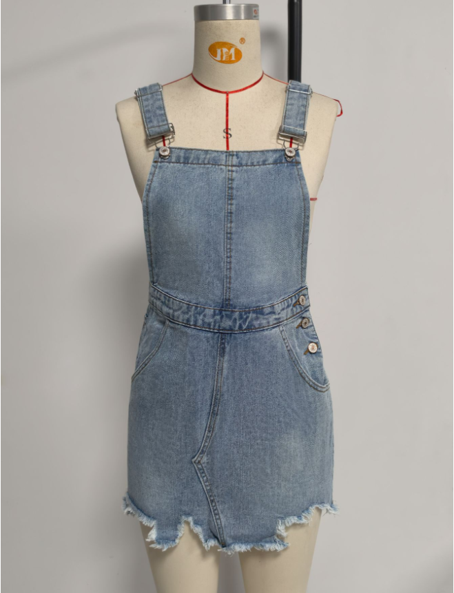 Raw Edge Denim Suspender Skirt Women Irregular Asymmetric Hem A- line Short Skirt Washed Distressed Suspender Skirt