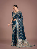Deep Teal Banarasi Satin Silk saree with intricate gold zari weaving