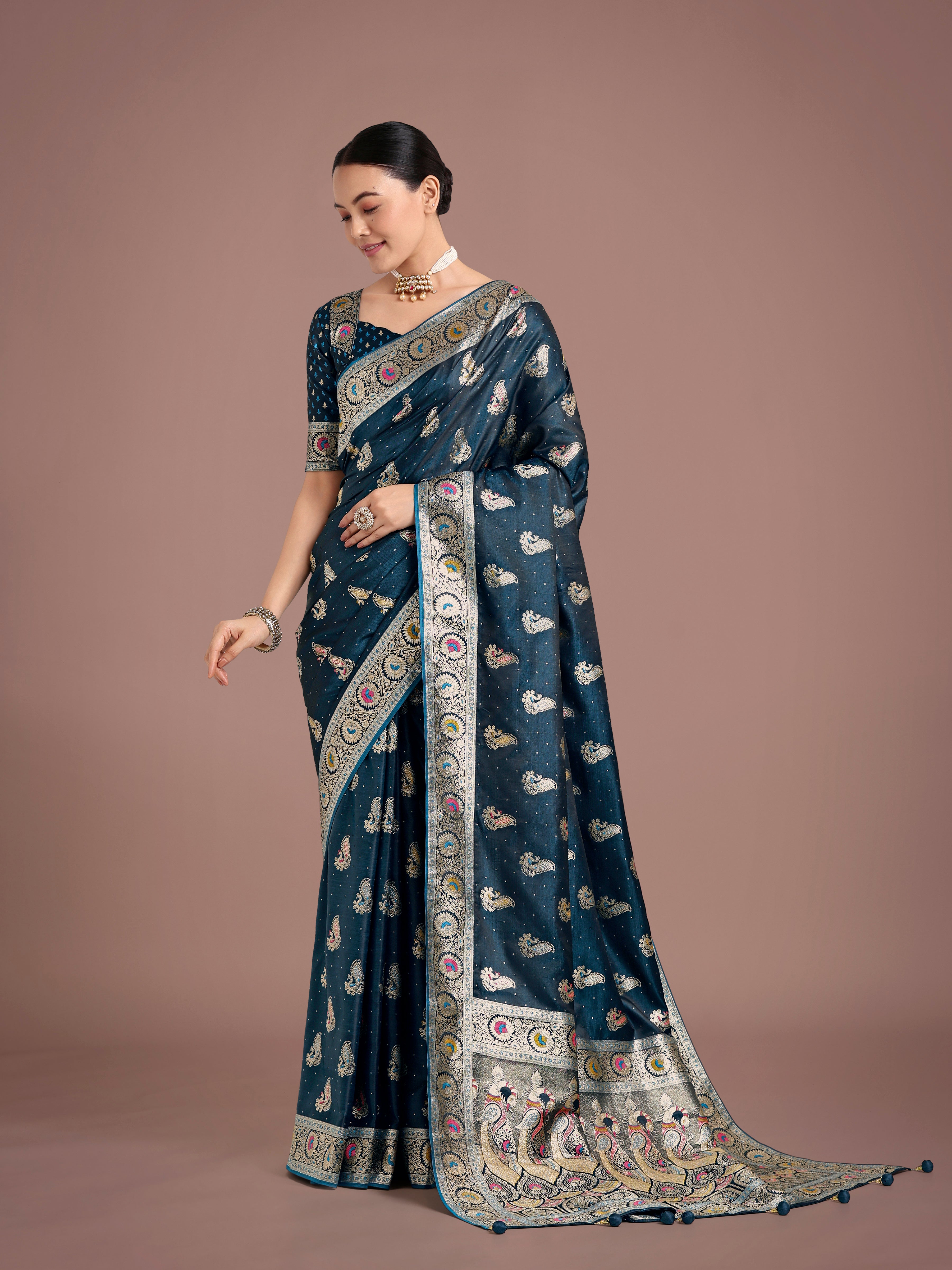 Deep Teal Banarasi Satin Silk saree with intricate gold zari weaving