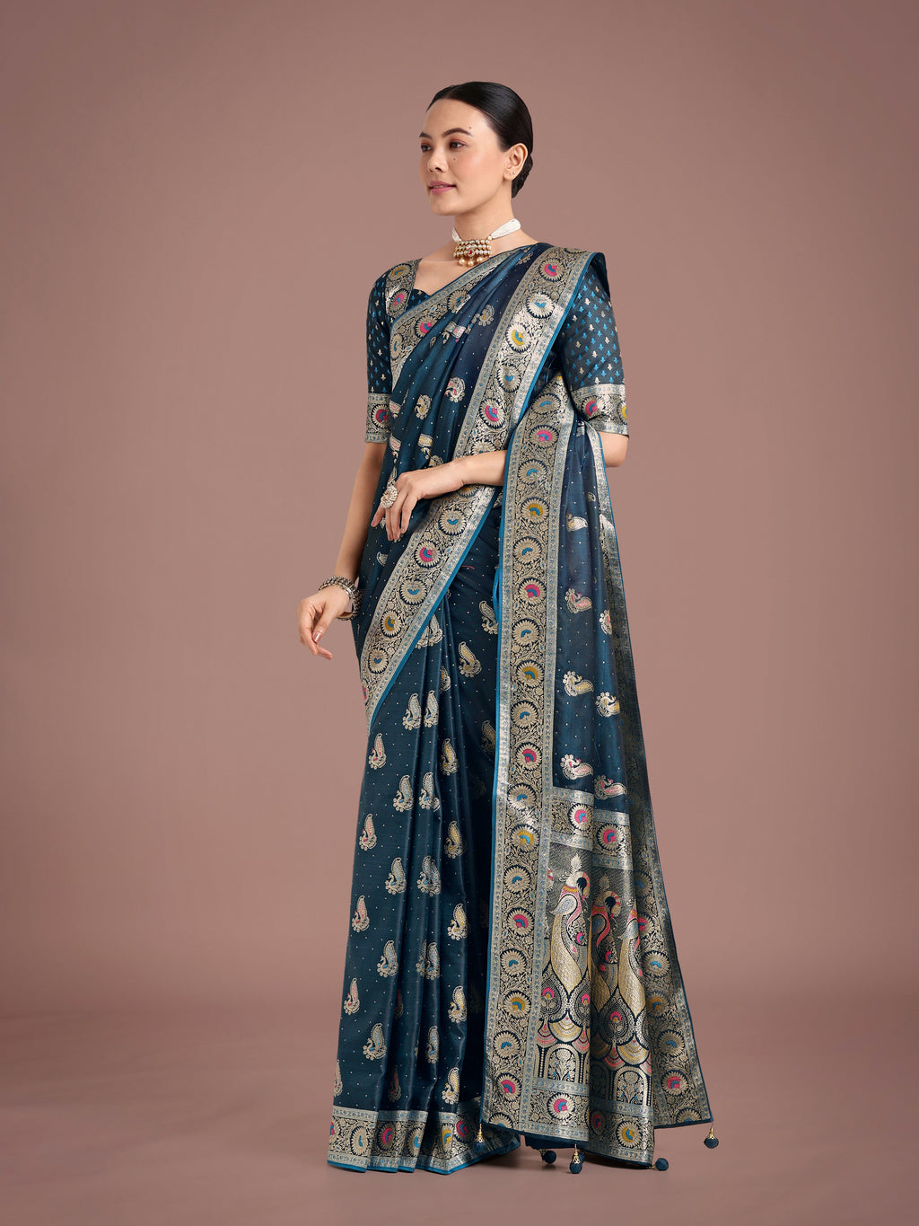 Teal Banarasi Satin Silk Saree with Traditional Zari Weaving