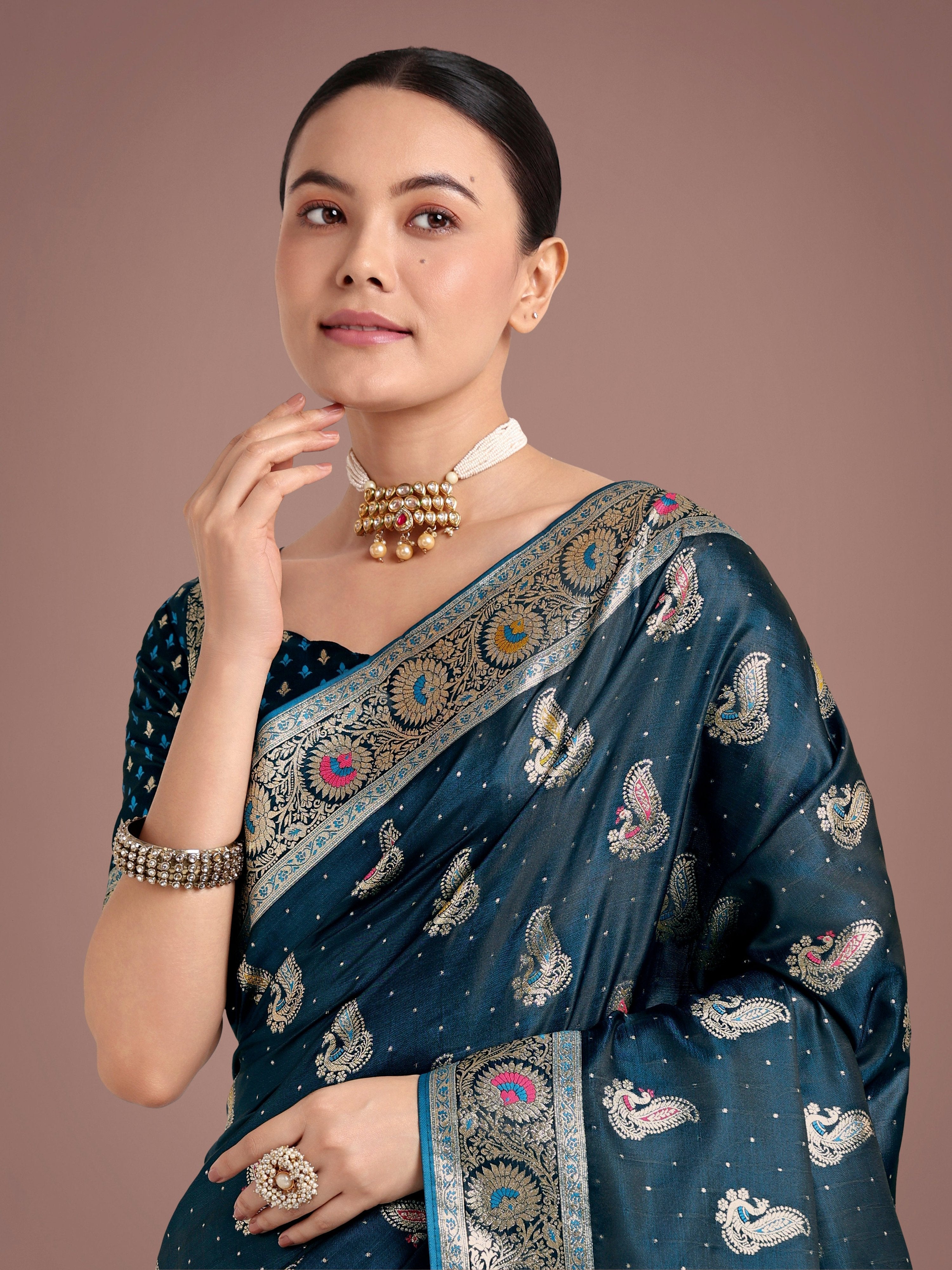 Teal Banarasi Satin Silk Saree with Traditional Zari Weaving