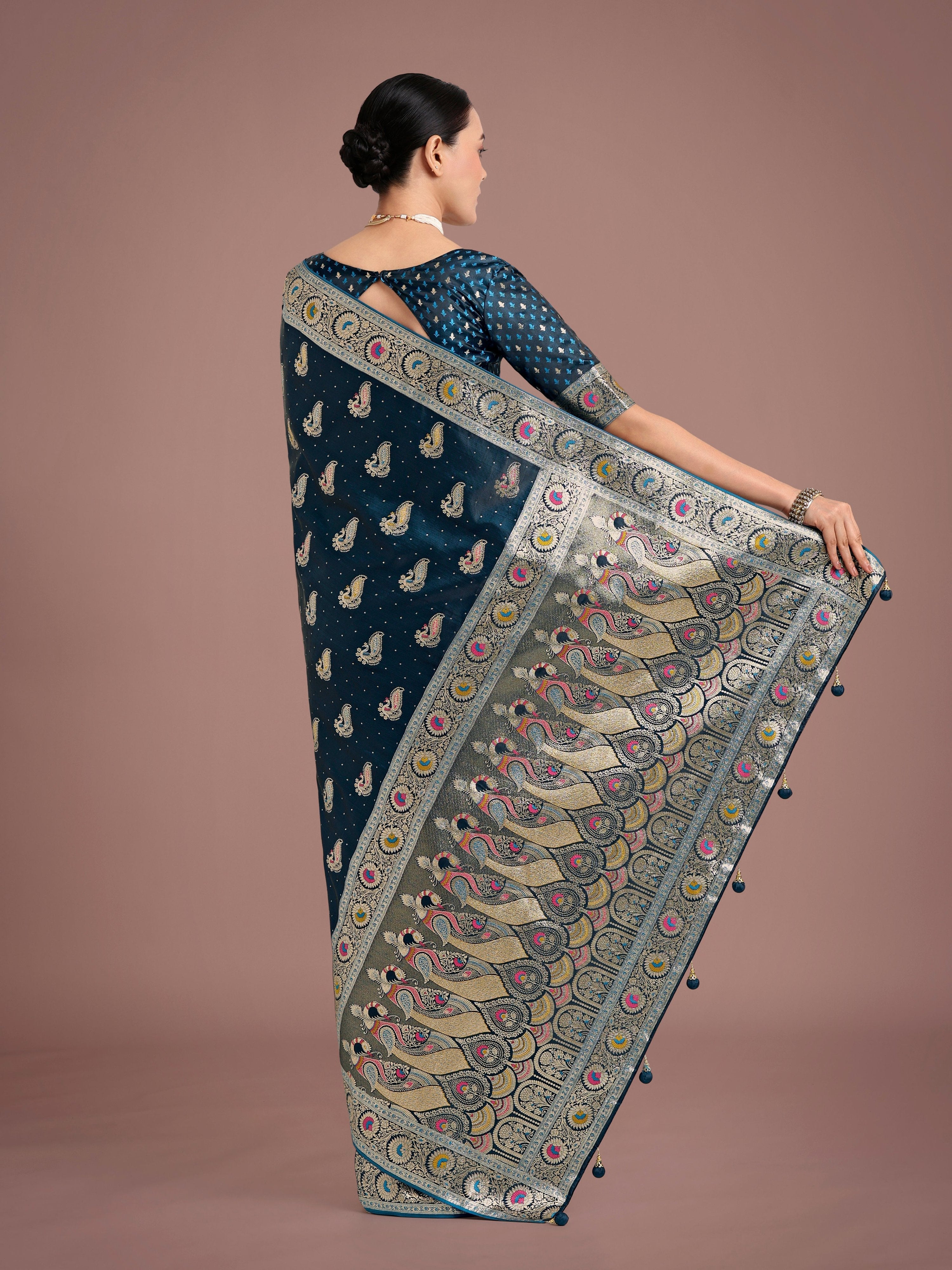 Teal Banarasi Satin Silk Saree with Traditional Zari Weaving