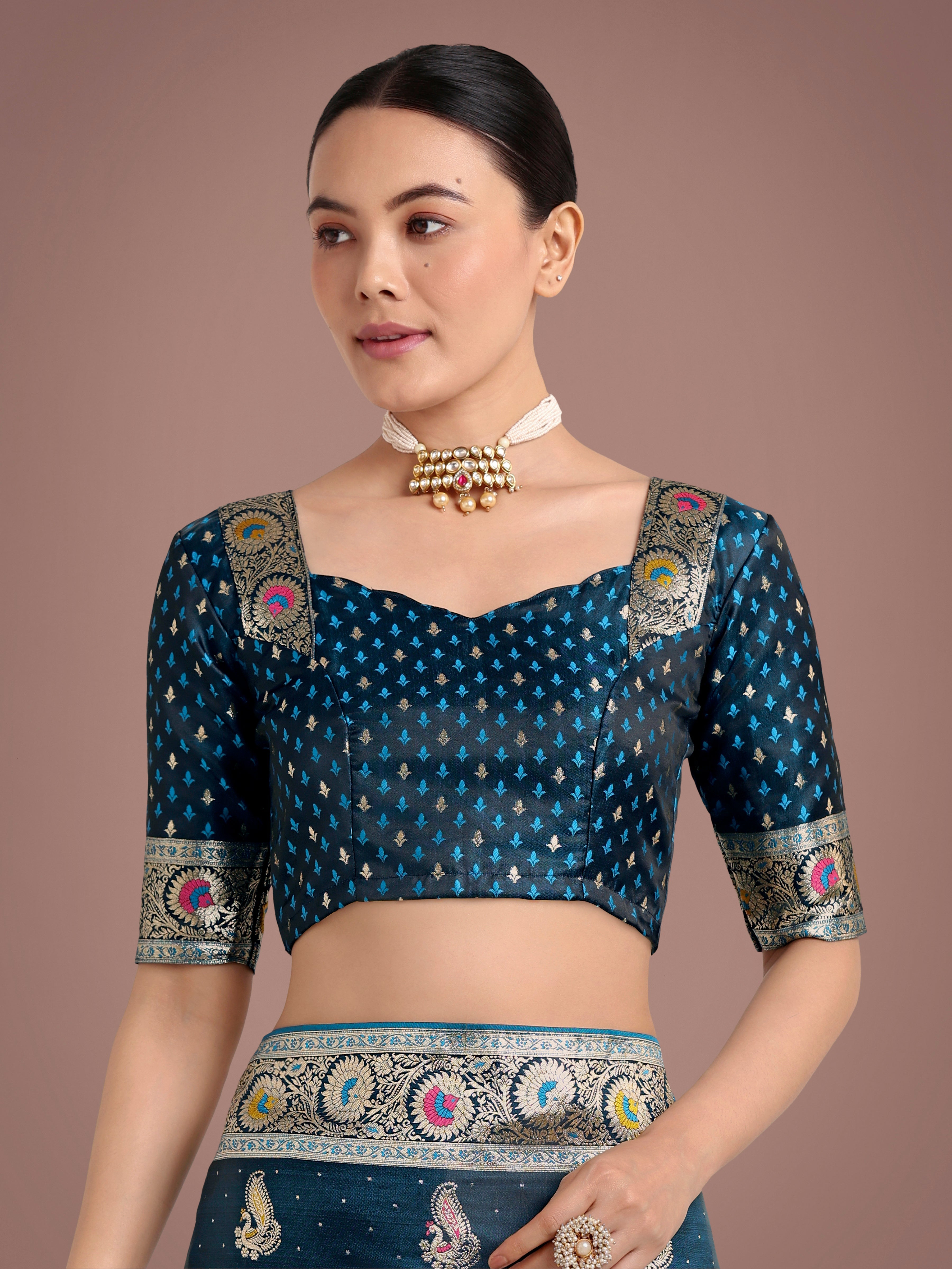 Teal Banarasi Satin Silk Saree with Traditional Zari Weaving