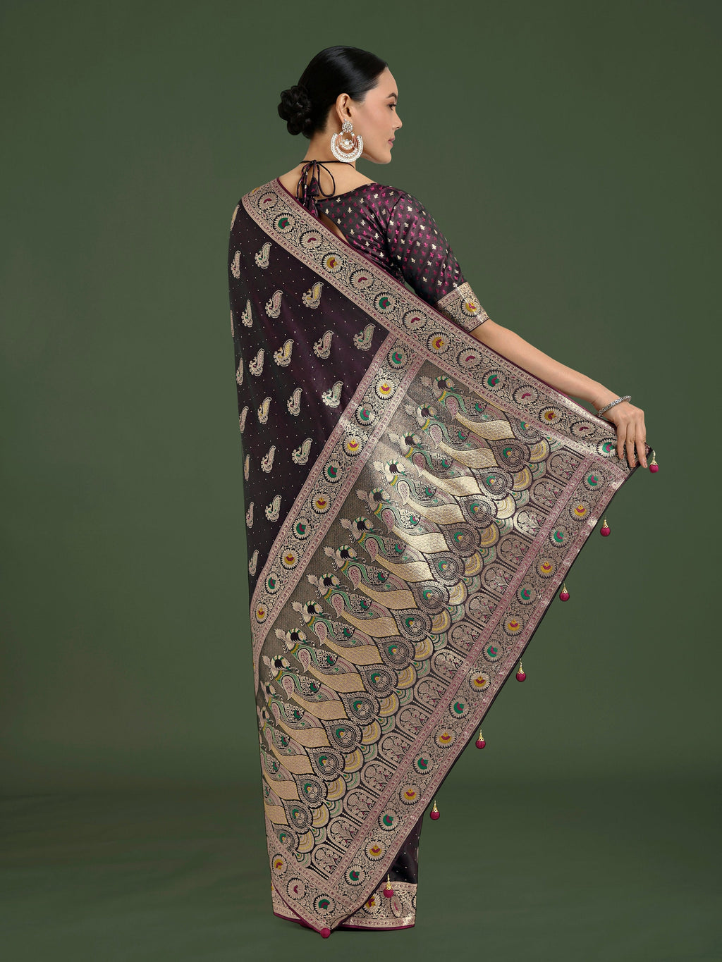 Monjolika Fashion Wine Color Festival Wear Banarasi Satin Silk Designer Zari Weaving Saree