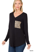 Black long sleeve top with a leopard print chest pocket and v-neckline