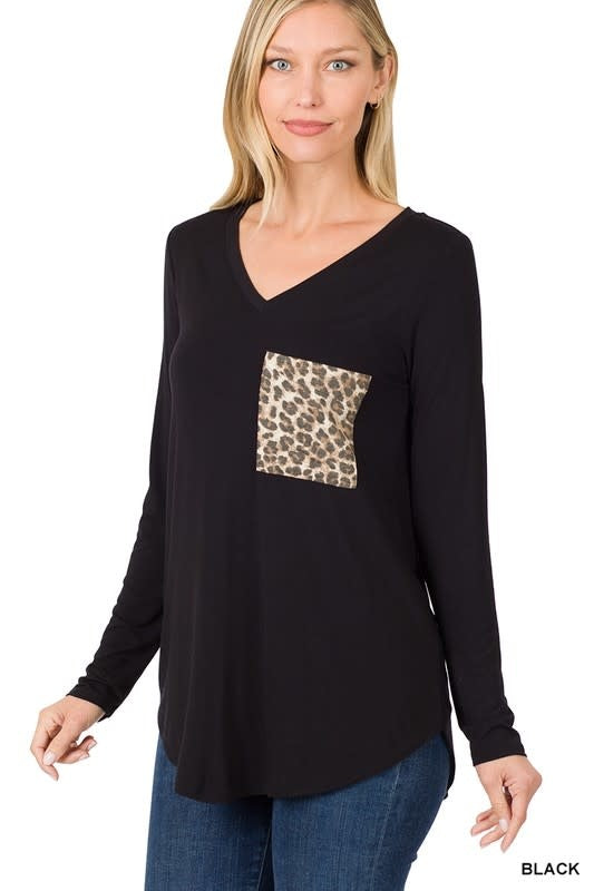 Black long sleeve top with a leopard print chest pocket and v-neckline