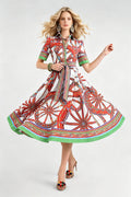 Women Summer Printed Collar Neck Blouse Paired With A Line Dress