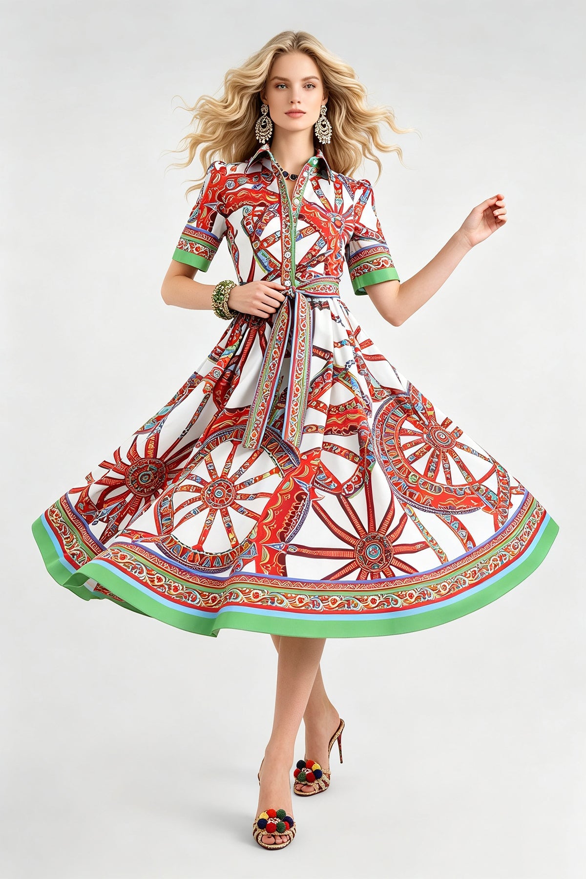Women Summer Printed Collar Neck Blouse Paired With A Line Dress