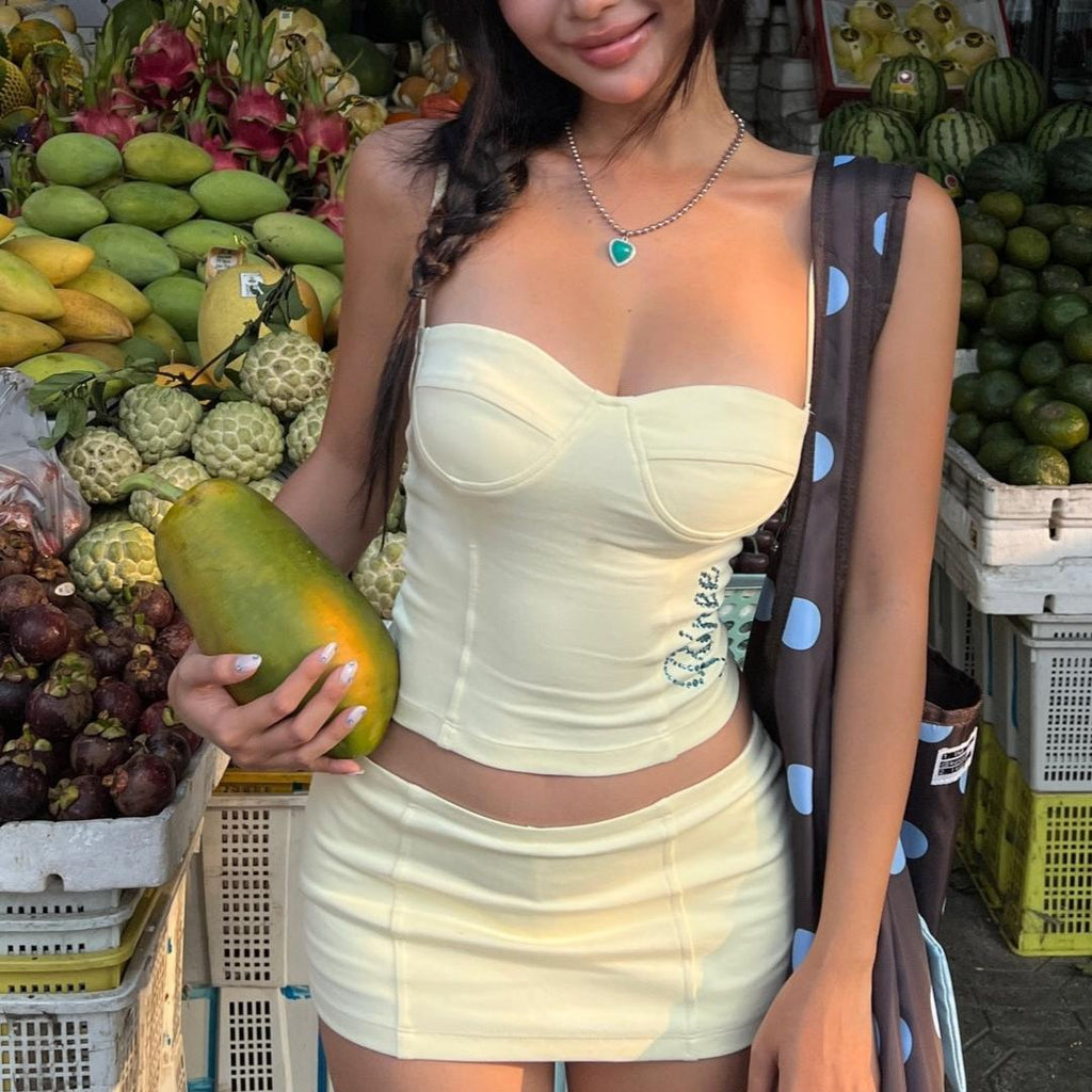Women Clothing Summer Sexy Camisole Low Waist Printed Hip Skirt Set