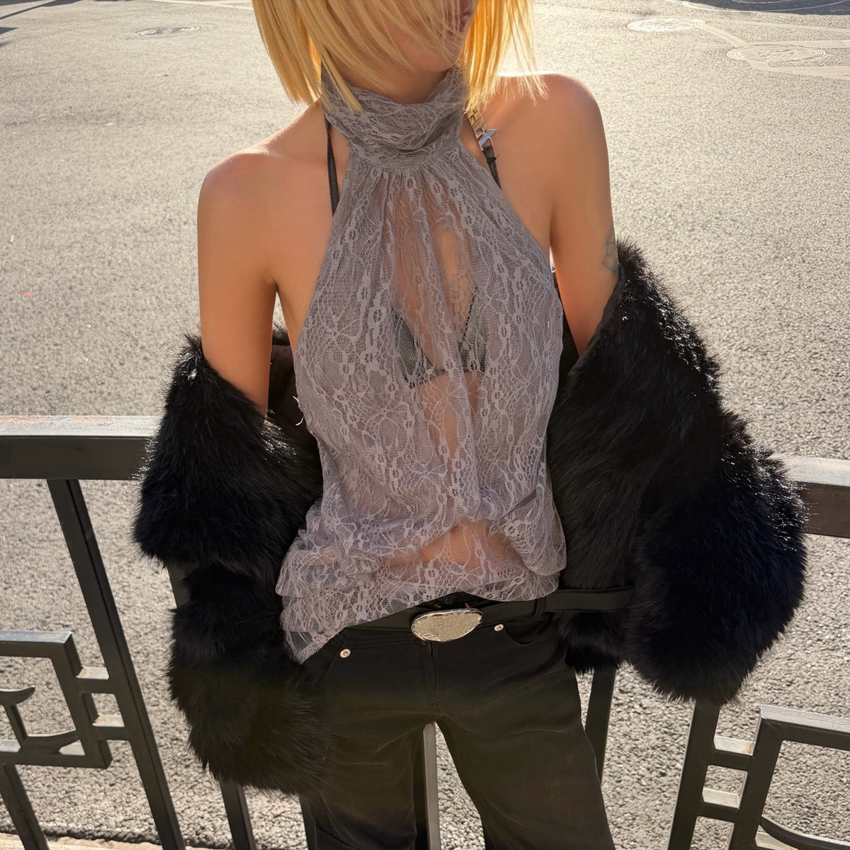 Women Clothing Summer Fashionable Chic High Neck Lace See Through Sleeveless Backless Irregular Asymmetric Top