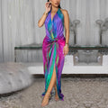 Women Wear Sexy Print Lace up Backless Split Dress