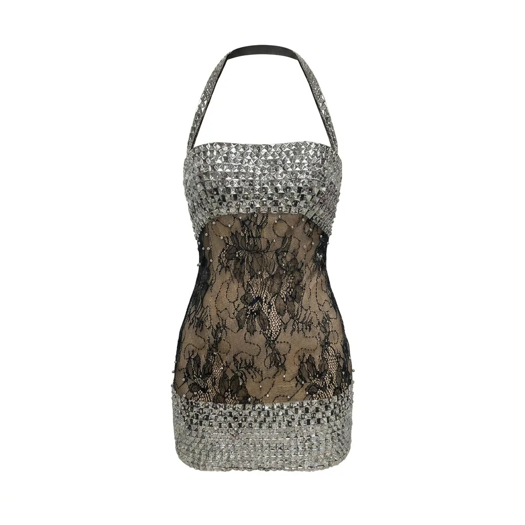 Summer Rhinestone Sequined Sexy Halter Strap Lace Floral Surface Dress for Women