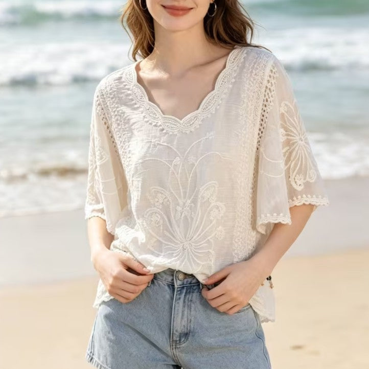 Women Summer Jacquard Embroidery Summer Lightweight Loose Turtleneck Blouse