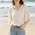 Women Summer Jacquard Embroidery Summer Lightweight Loose Turtleneck Blouse
