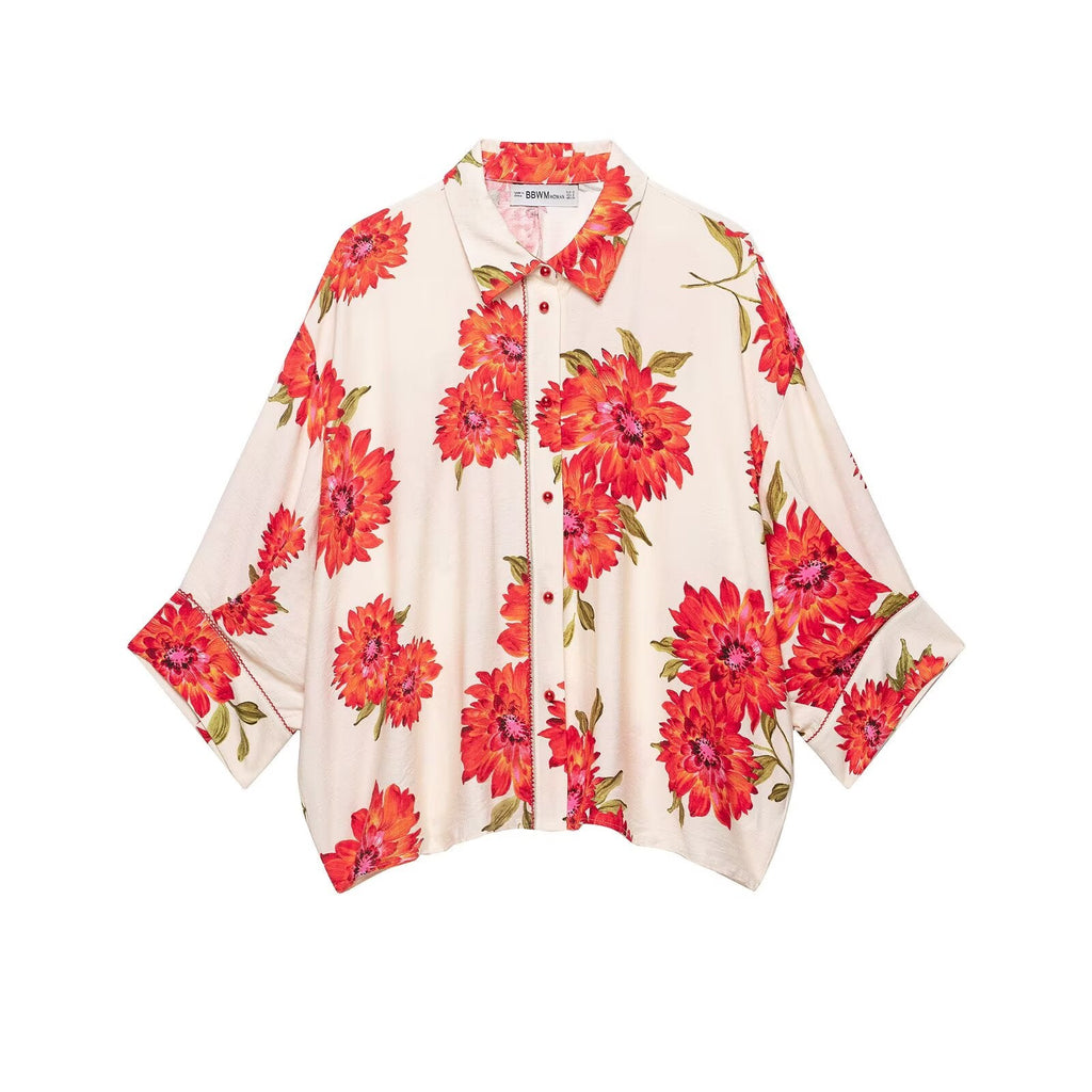 Women Clothing Summer Daily Casual All Matching Floral Print Shirt
