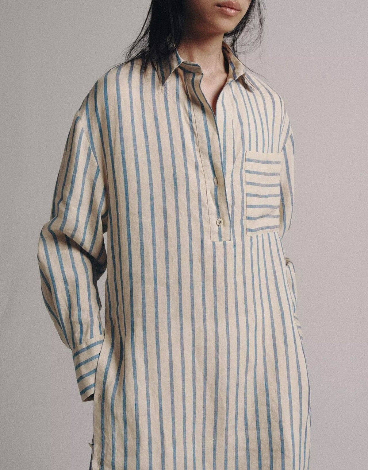 Women Clothing Summer Linen Striped Shirt Long Sleeve Dress