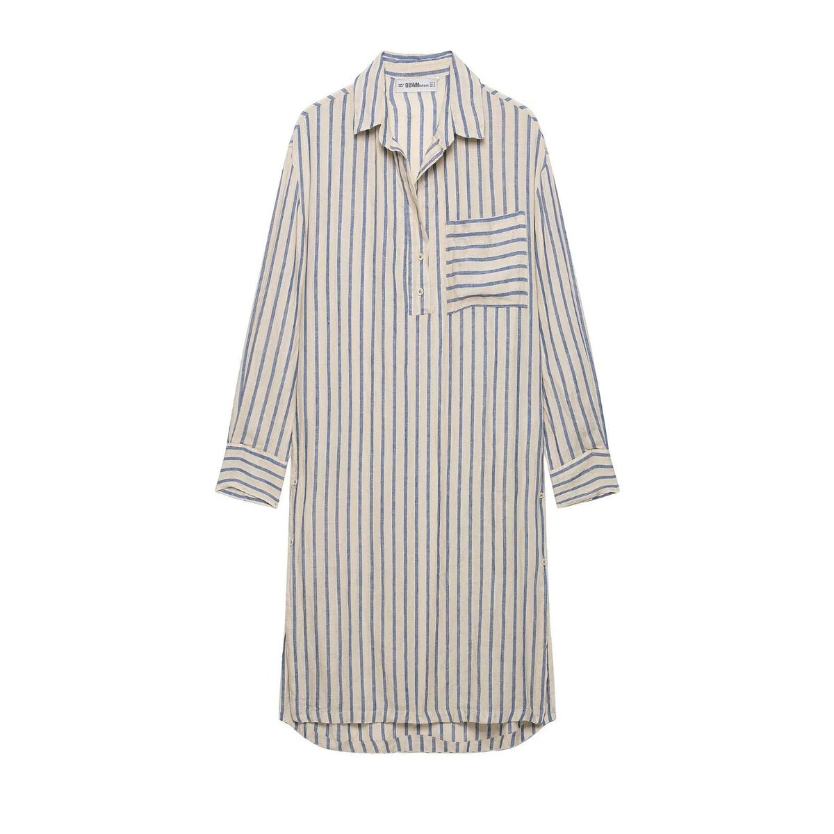 Women Clothing Summer Linen Striped Shirt Long Sleeve Dress