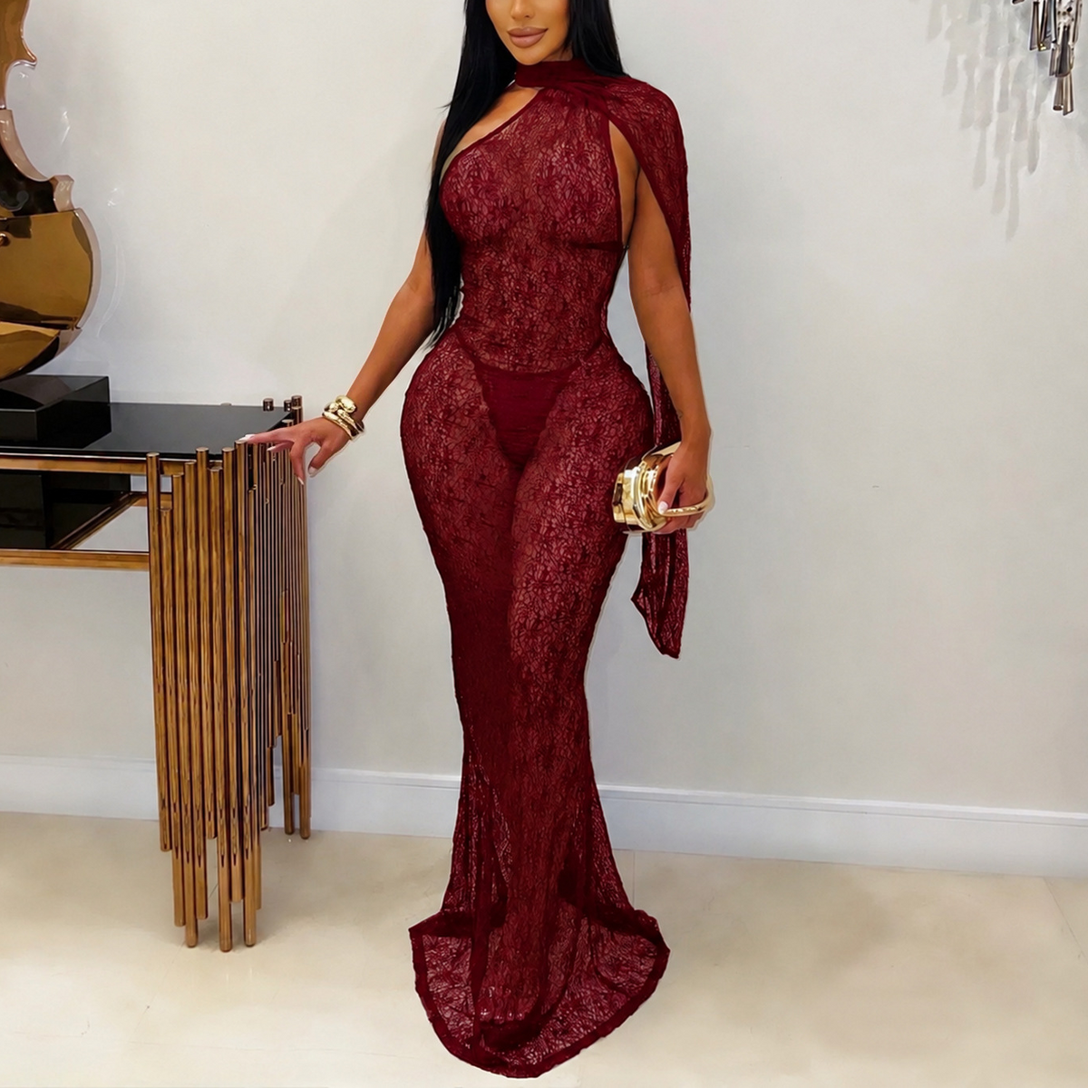 Women Clothing Sexy See through Lace Cappa Fishtail Dress Nightclub Sheath Dress