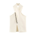 Women Clothing Autumn Stylish Graceful Simple Double Breasted Hanging Collar Vest