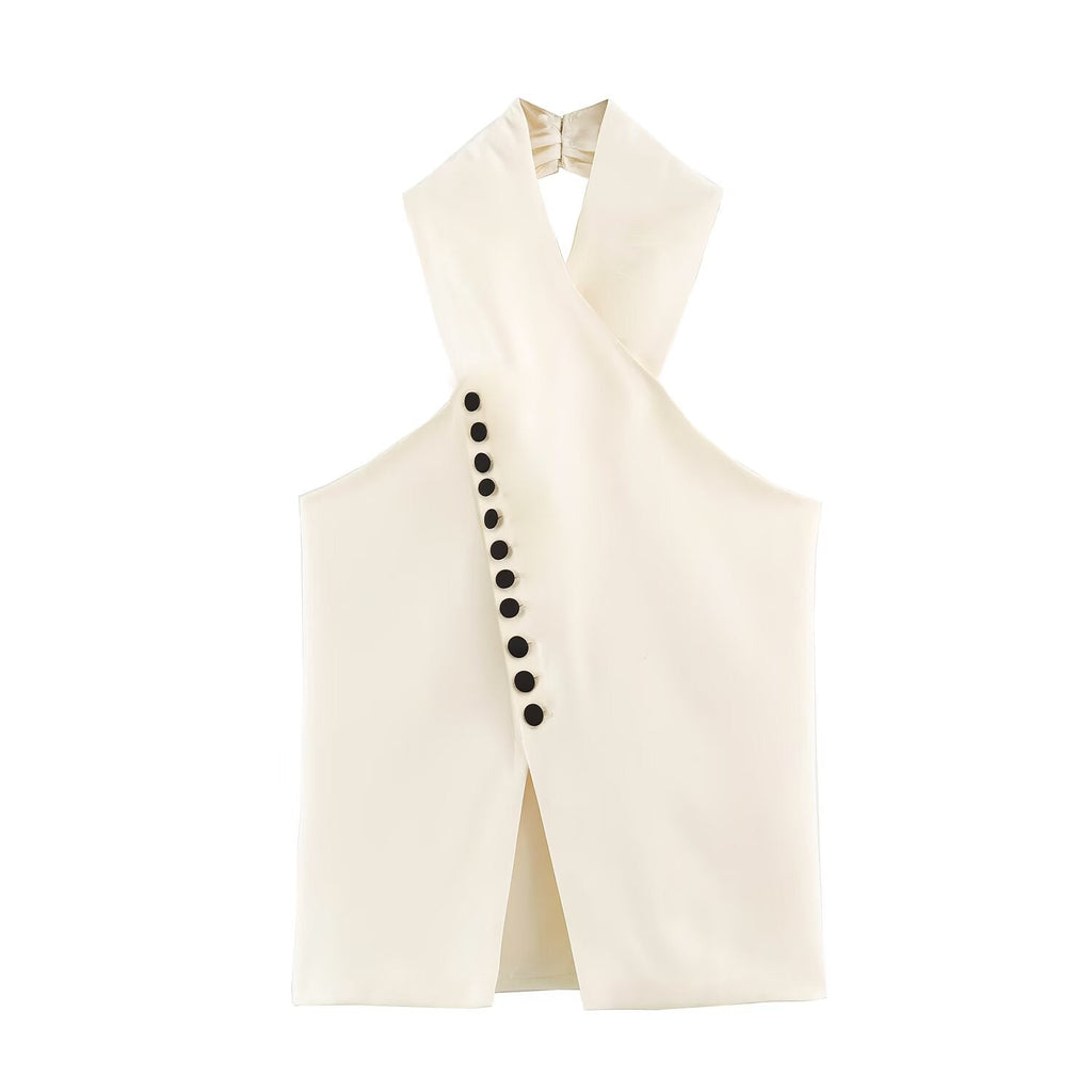 Women Clothing Autumn Stylish Graceful Simple Double Breasted Hanging Collar Vest