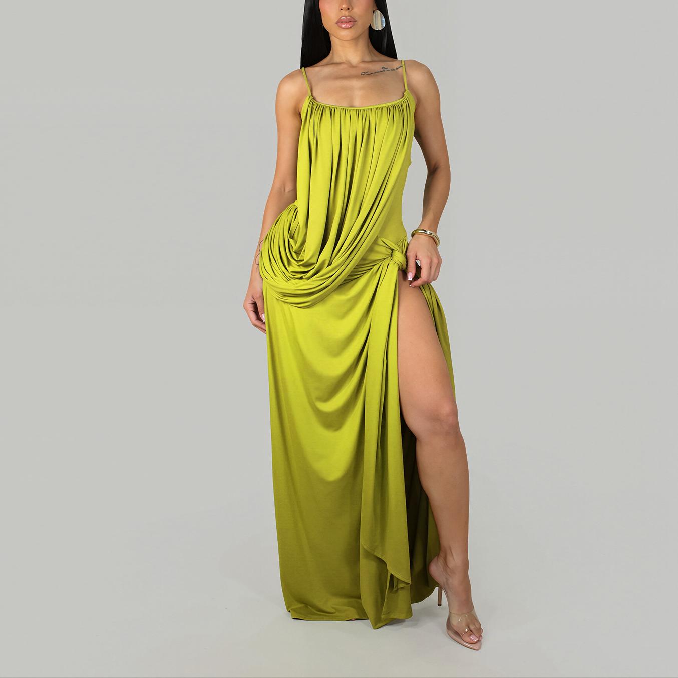 Women Sexy Suspender Twisted Waist Split Embellished Cocktail Solid Color Dress