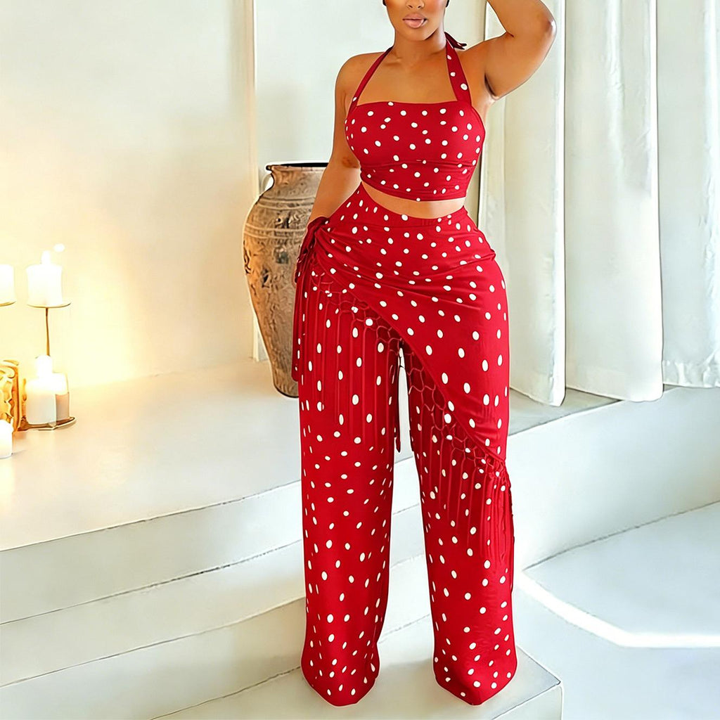 Women Wear Casual Thin Tassel Polka Dot Wide Leg Pants Set