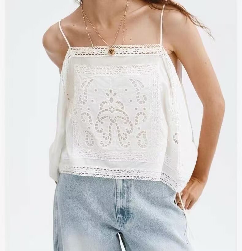 Solid Color Summer Design Hollow Out Cutout Embroidered Camisole
