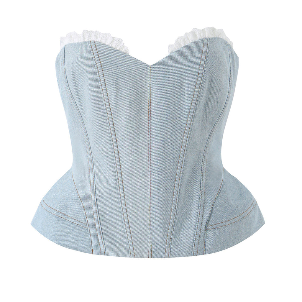 Lace Stitching Boning Corset Waist Denim Top Sheath Skirt Two Piece Sets