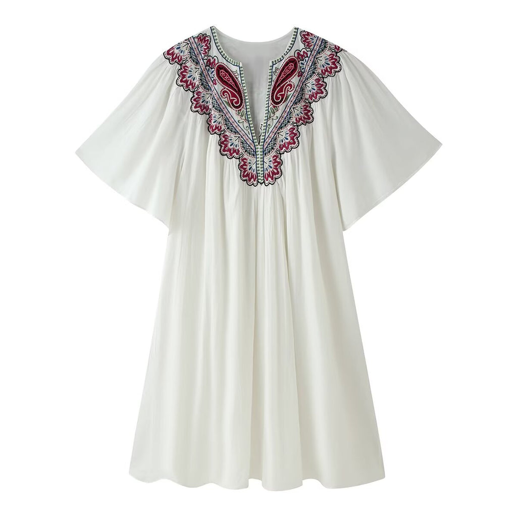 Fall Women Clothing Casual All Match Embroidered Solid Color Dress