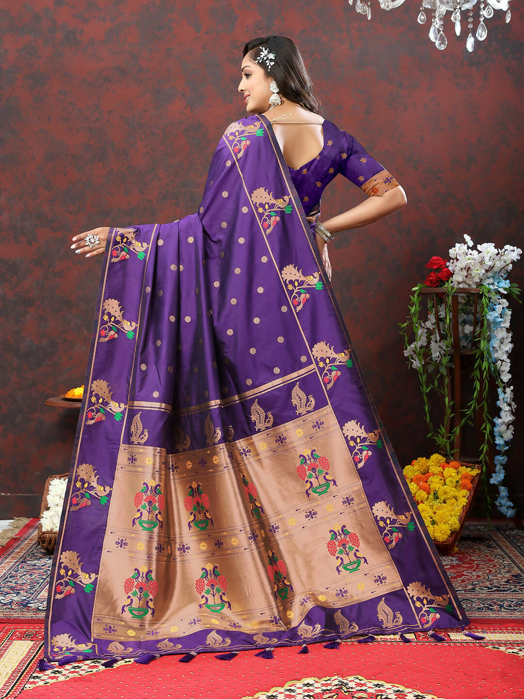 Purple Soft Paithani Silk Saree with Copper Zari Meenakari Weaving