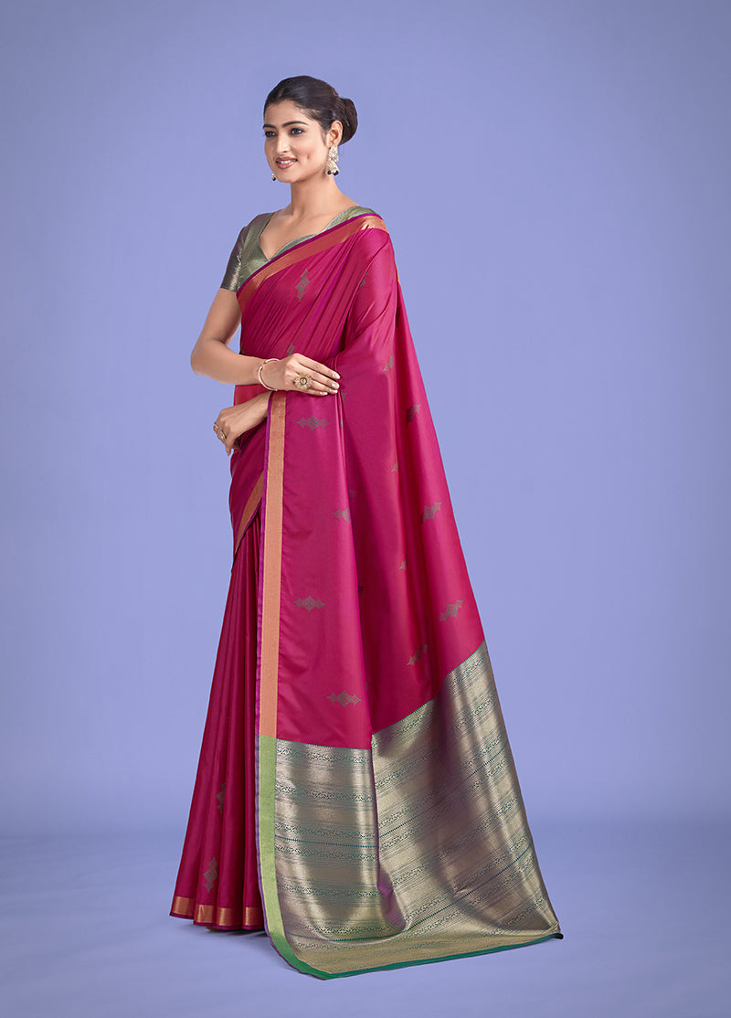 Rani Pink Silk Saree with Golden Zari Weave