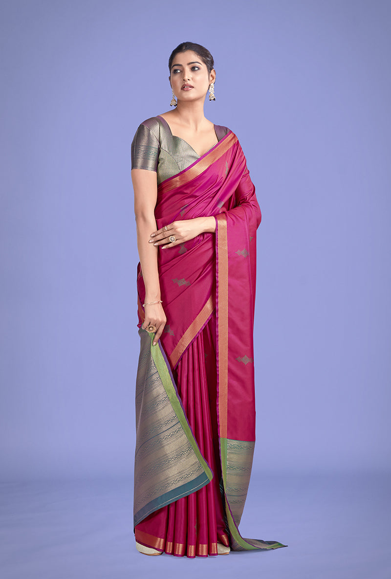 Rani Pink Silk Saree with Golden Zari Weave