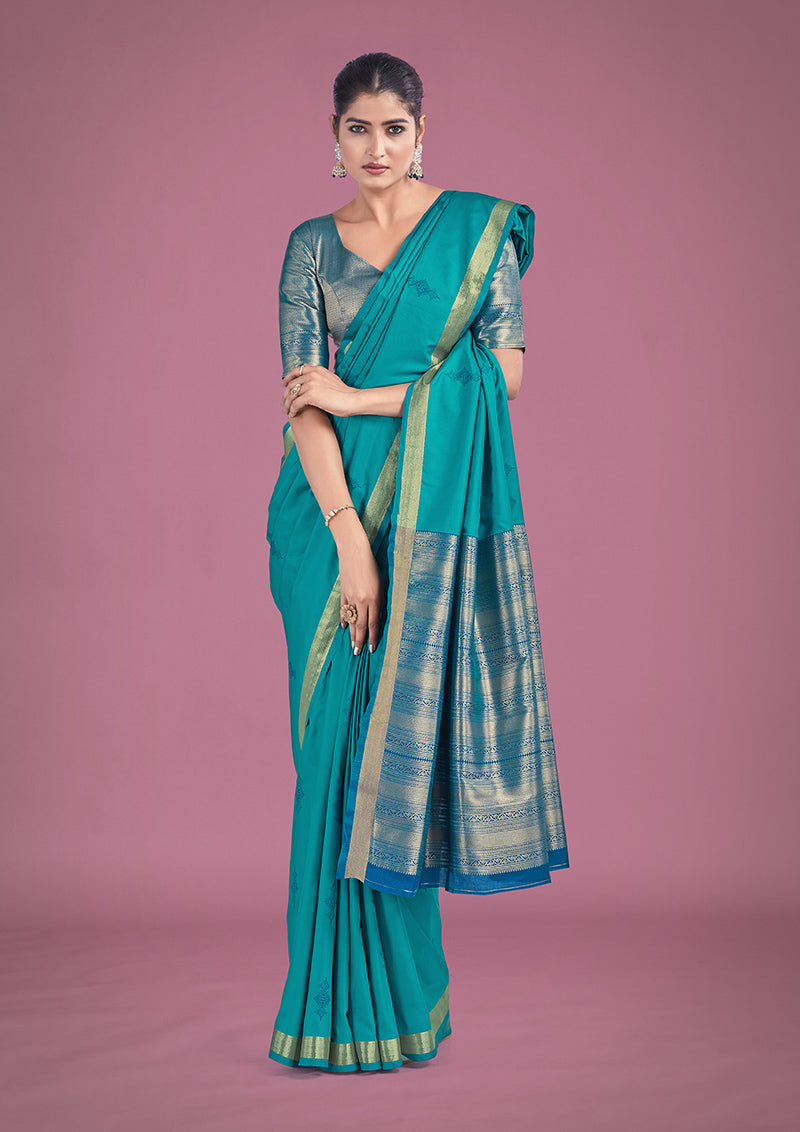 Turquoise Silk Saree With Golden Zari Woven Border