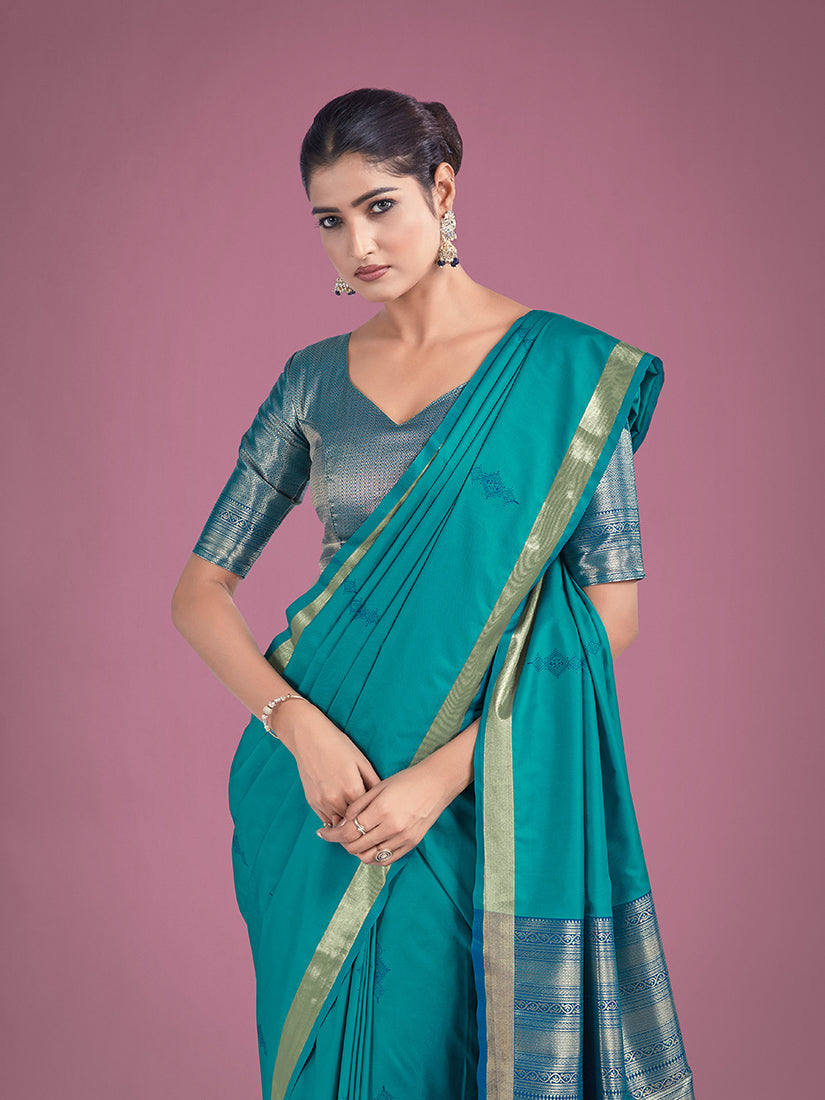 Turquoise Silk Saree With Golden Zari Woven Border