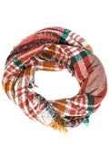 Unisex oblong scarf featuring a classic plaid stripe pattern in rust, white, green, and mustard