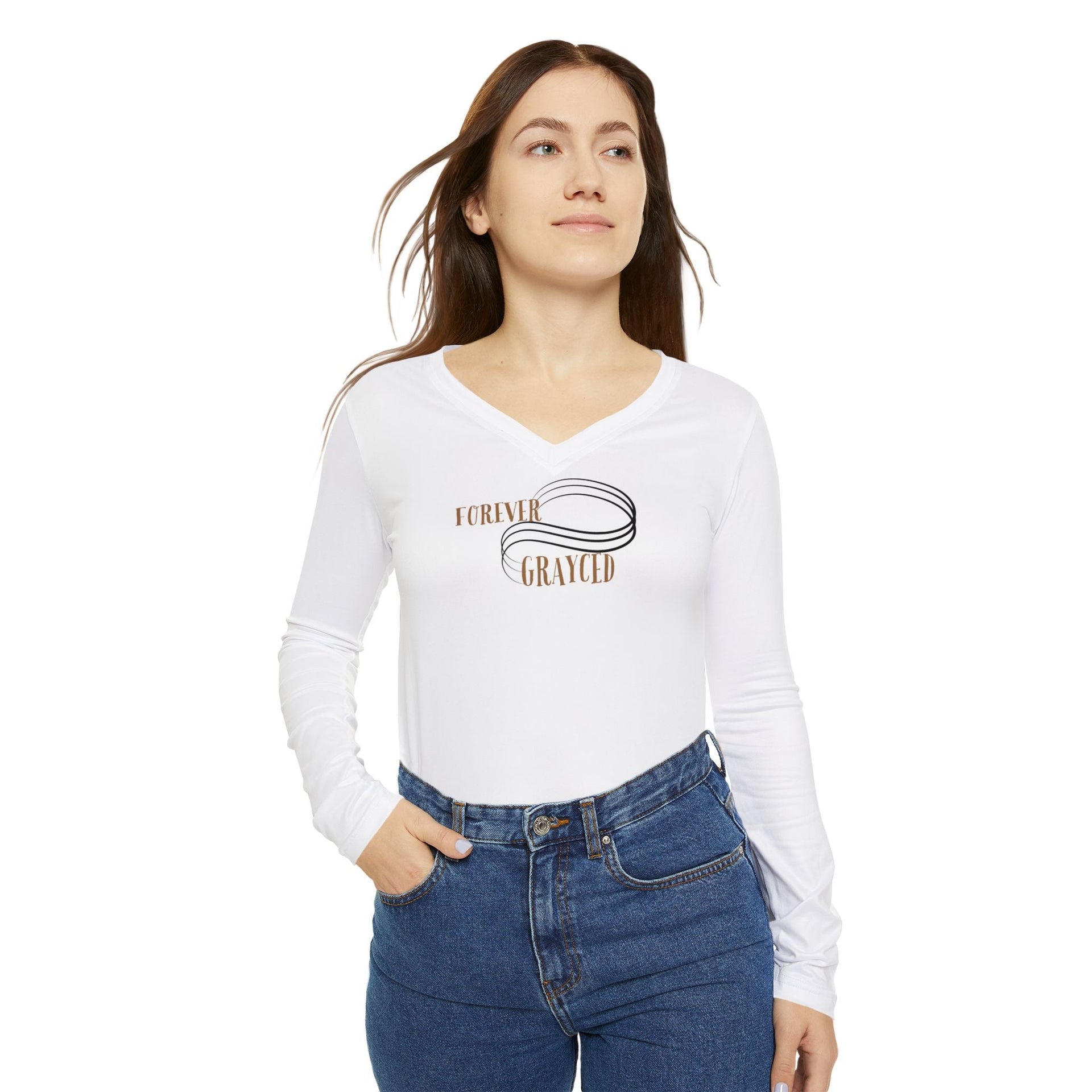 Women's Long Sleeve V-Neck Graphic Shirt - Fitted Casual Cotton Tee