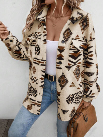 Girl wearing a modern geometric button-up jacket with a relaxed dropped-shoulder fit