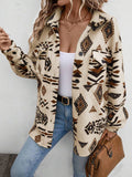 Girl wearing a modern geometric button-up jacket with a relaxed dropped-shoulder fit