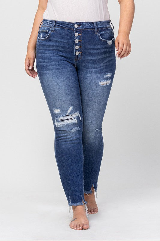 High Rise Patched Button Up Distressed Jeans