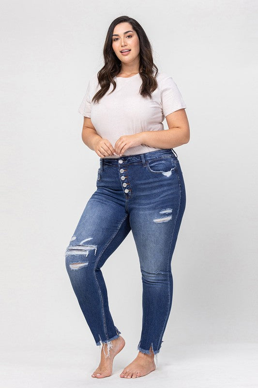 High Rise Patched Button Up Distressed Jeans