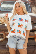 Khaki round neck t-shirt with patriotic flag, bow, and star graphic design