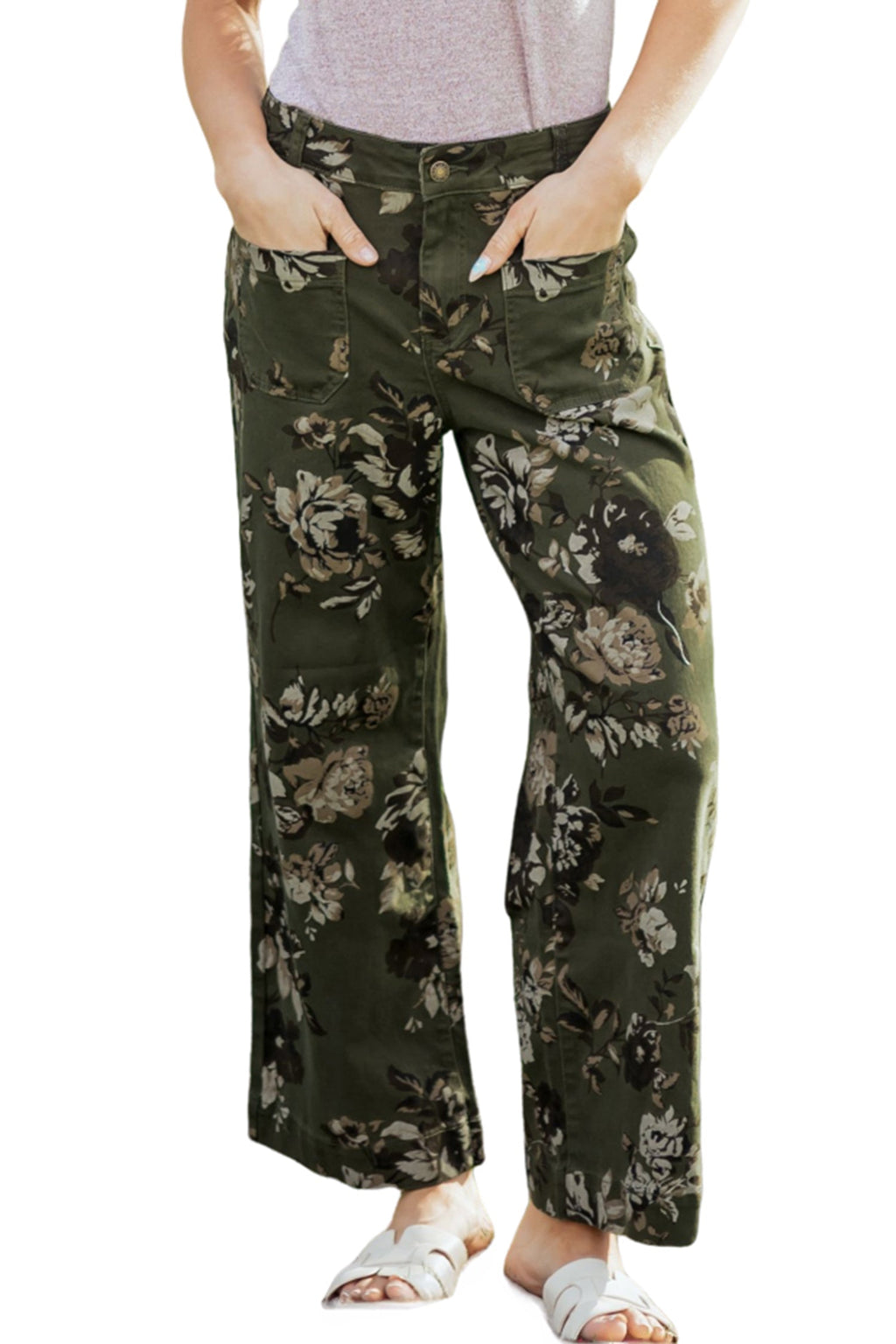 Floral Denim Patch Pocket Straight Leg Jeans