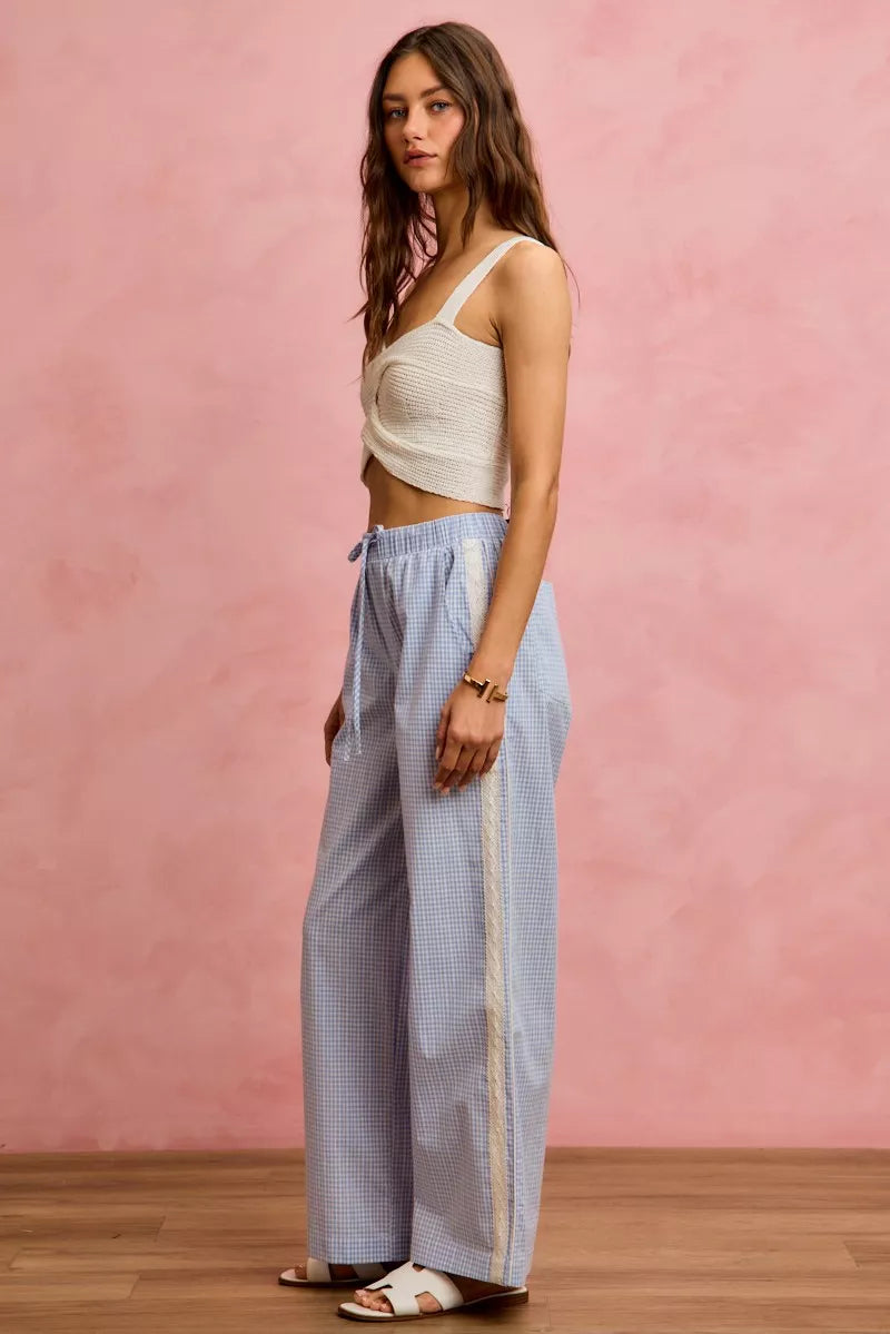Women's Wide Leg Check Pants with Lace Trim in Light Blue White