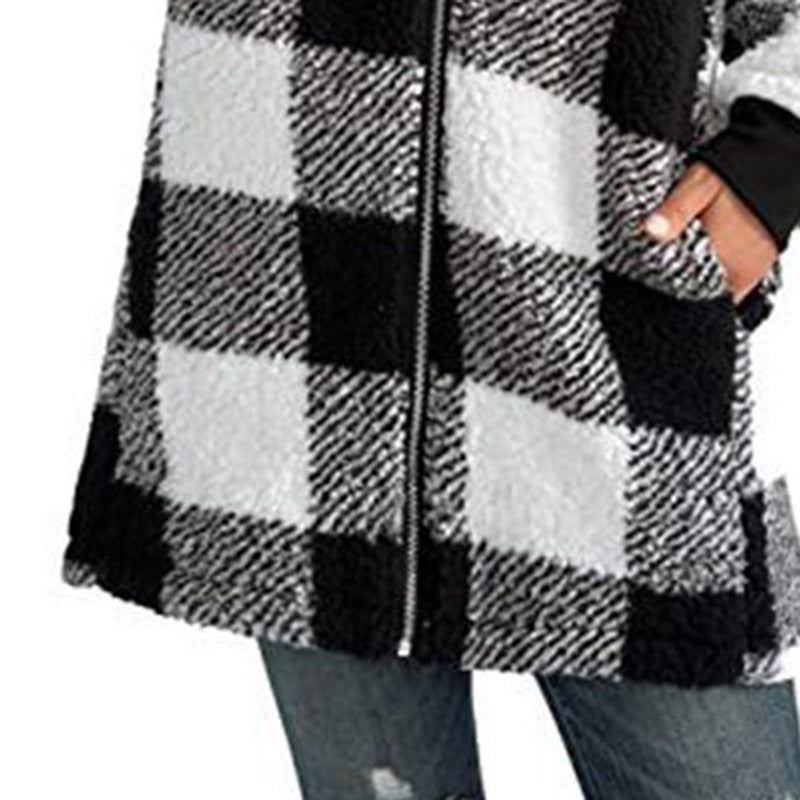 Women's Plaid Hooded Zip-Up Fleece Jacket Oversized Winter Coat - Image 5