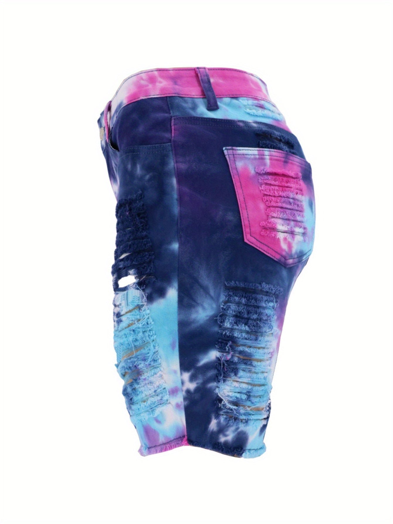Women High Waist Tie-Dye Distressed Denim Mid-Length Shorts - Image 5