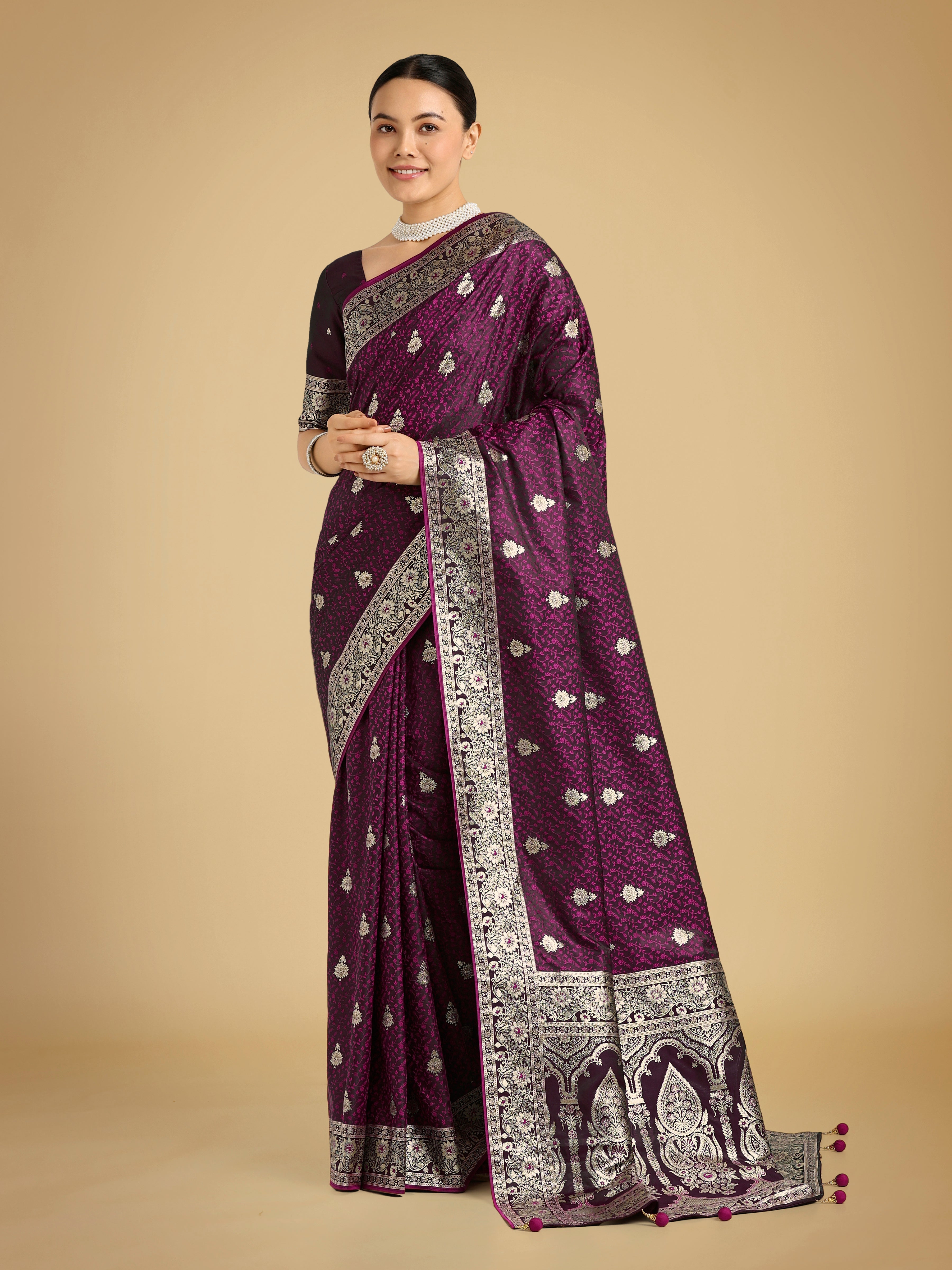 Wine Banarasi Satin Silk saree with rich golden zari weaving pattern