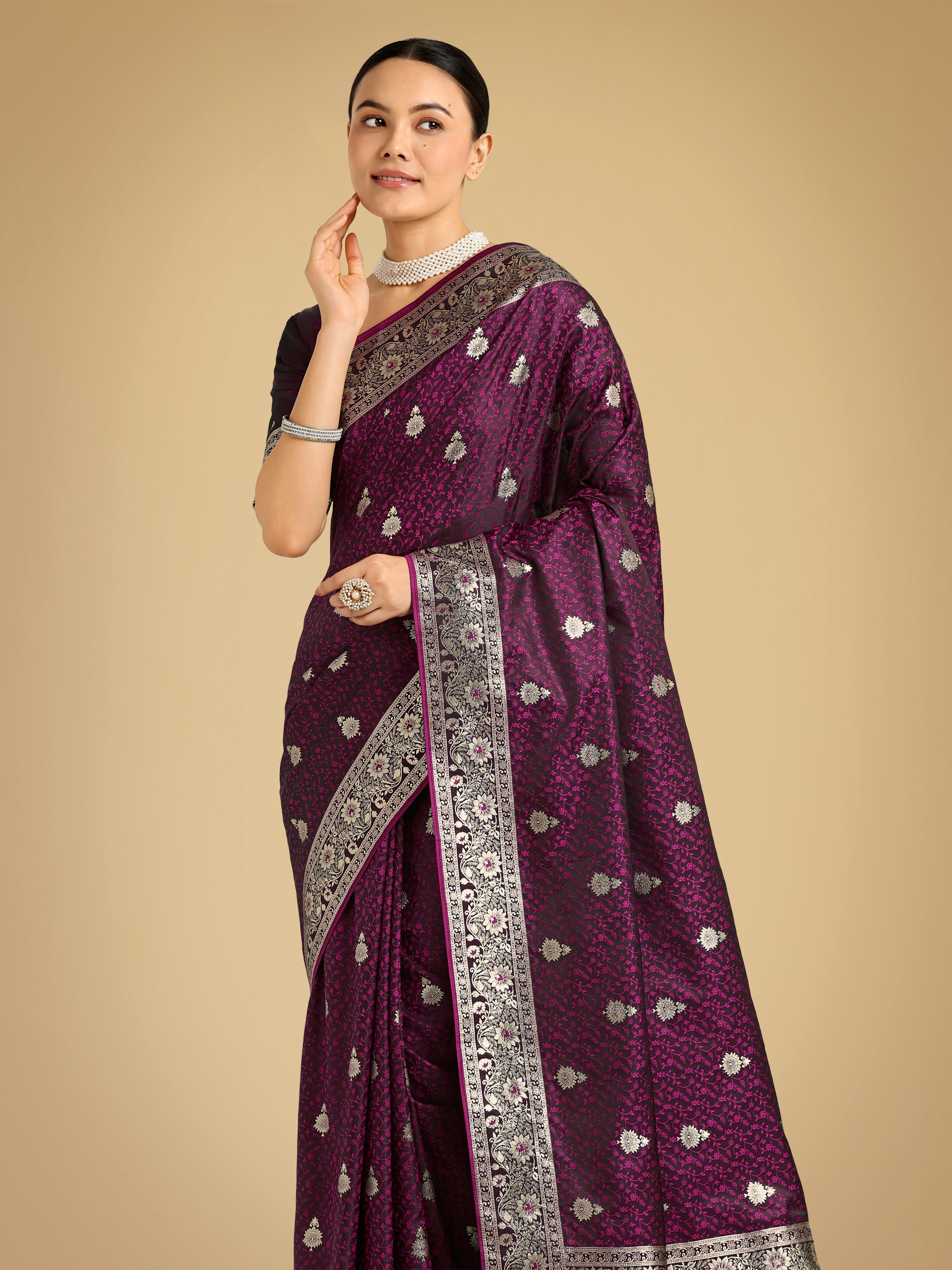 Wine Banarasi Satin Silk Saree with Rich Zari Weaving